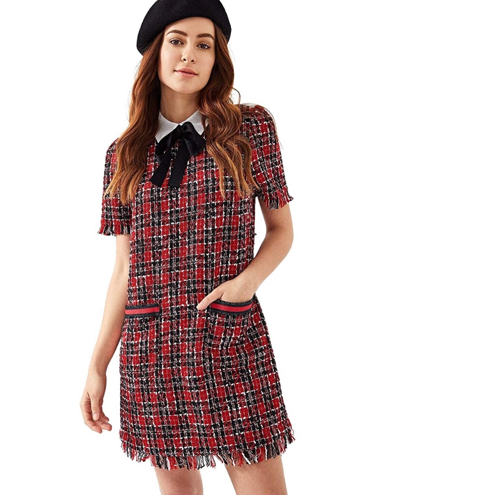 Tie Neck Contrast Collar Plaid Tweed  Dress Red S